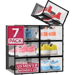 Reli. Shoe Boxes (7 Pack) | Clear Shoe Storage Boxes Stackable and Compact | Lightweight Plastic Storage Box with Ventilation Holes, Swing Door | Interlocking Containers, Stackable Rack | Black