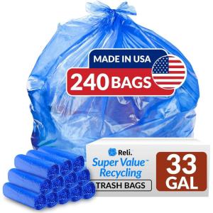 Reli. SuperValue 33 Gallon Recycling Bags (240 Count, Bulk) Made in the USA – Blue Trash Bags, 30-33 Gallon | Blue Recycling, Garbage | 33Gal with 30Gal, 33Gal, 35Gal Capacity(1 Count (Pack of 240))
