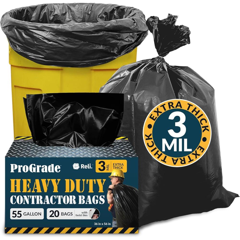 image:imageReli Contractor Garbage Bags 55 Gallon  20 Trash Bags  Heavy Duty  Black Contractor1 Count Pack of 20