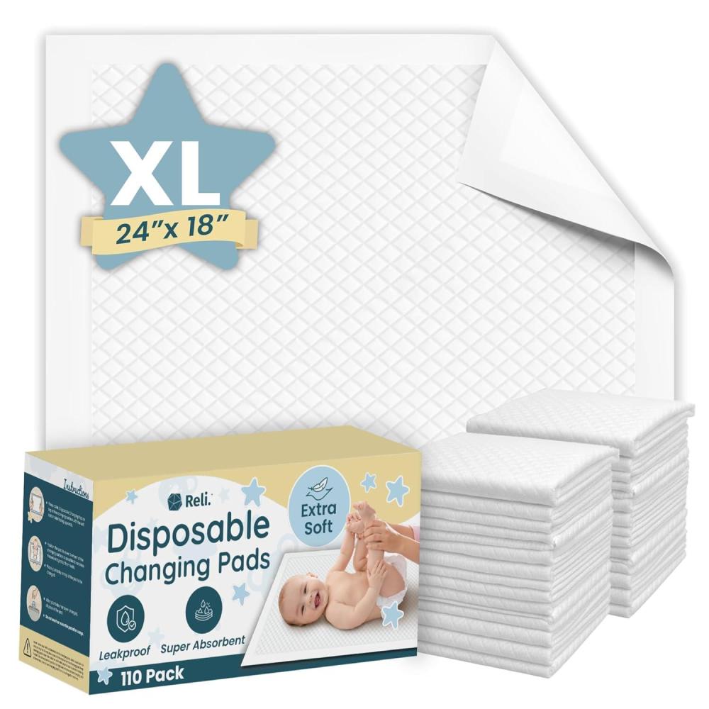 image:imageReli Premium XL Disposable Baby Changing Pad Liners XL 24 x 18 110 Pack Super Absorbent Soft Waterproof Quick Dry Carry on the Go for Quick Diaper Changes White