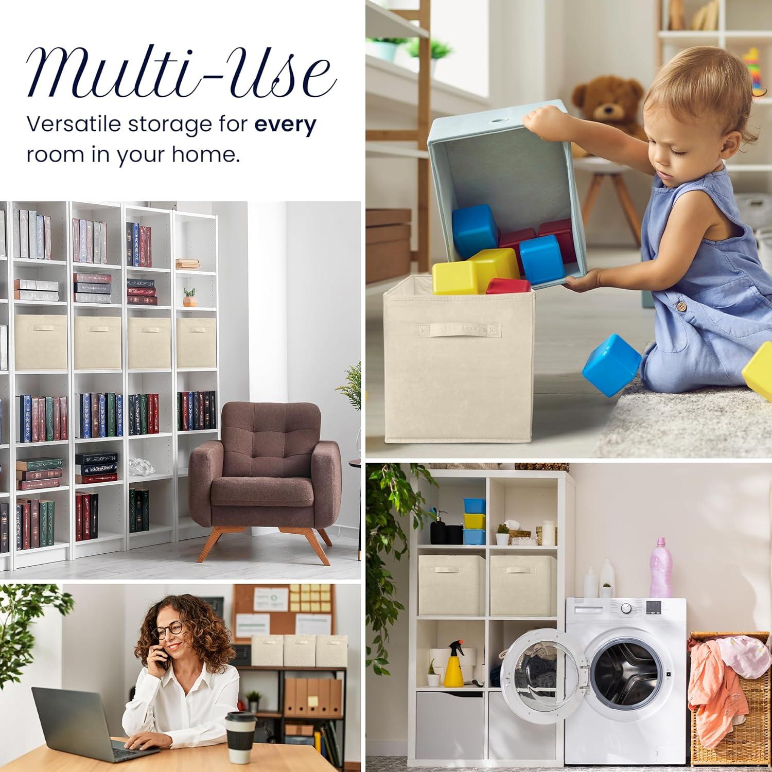 image:imageReli 11 Inch Cube Storage Bins 4 Pack Cube Organizer Bins 11x11 Fabric Storage Boxes Collapsible Foldable Fabric Cubby Box Square Kids Room Organization Beige