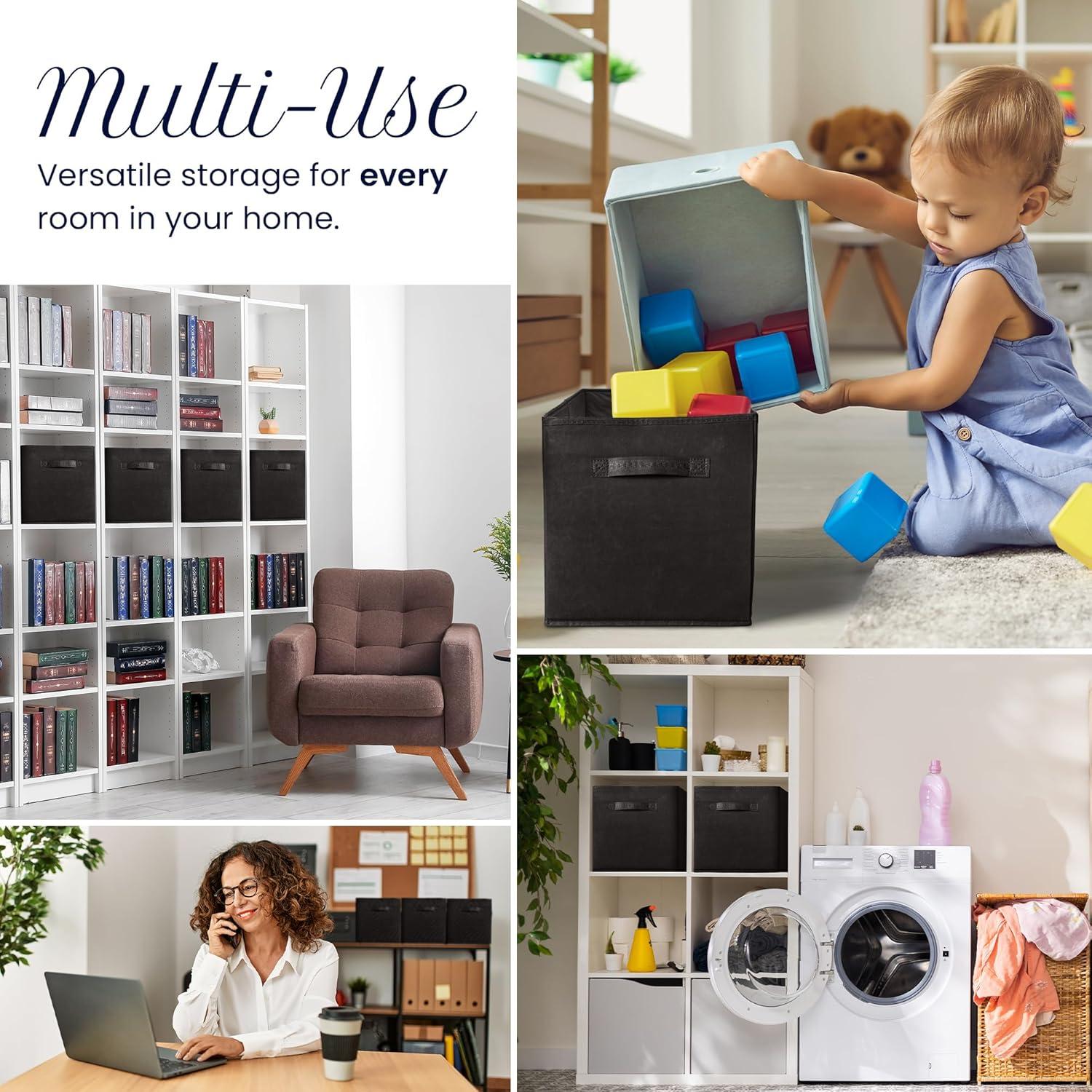 image:imageReli 11 Inch Cube Storage Bins 4 Pack Cube Organizer Bins 11x11 Fabric Storage Boxes Collapsible Foldable Fabric Cubby Box Square Kids Room Organization Black