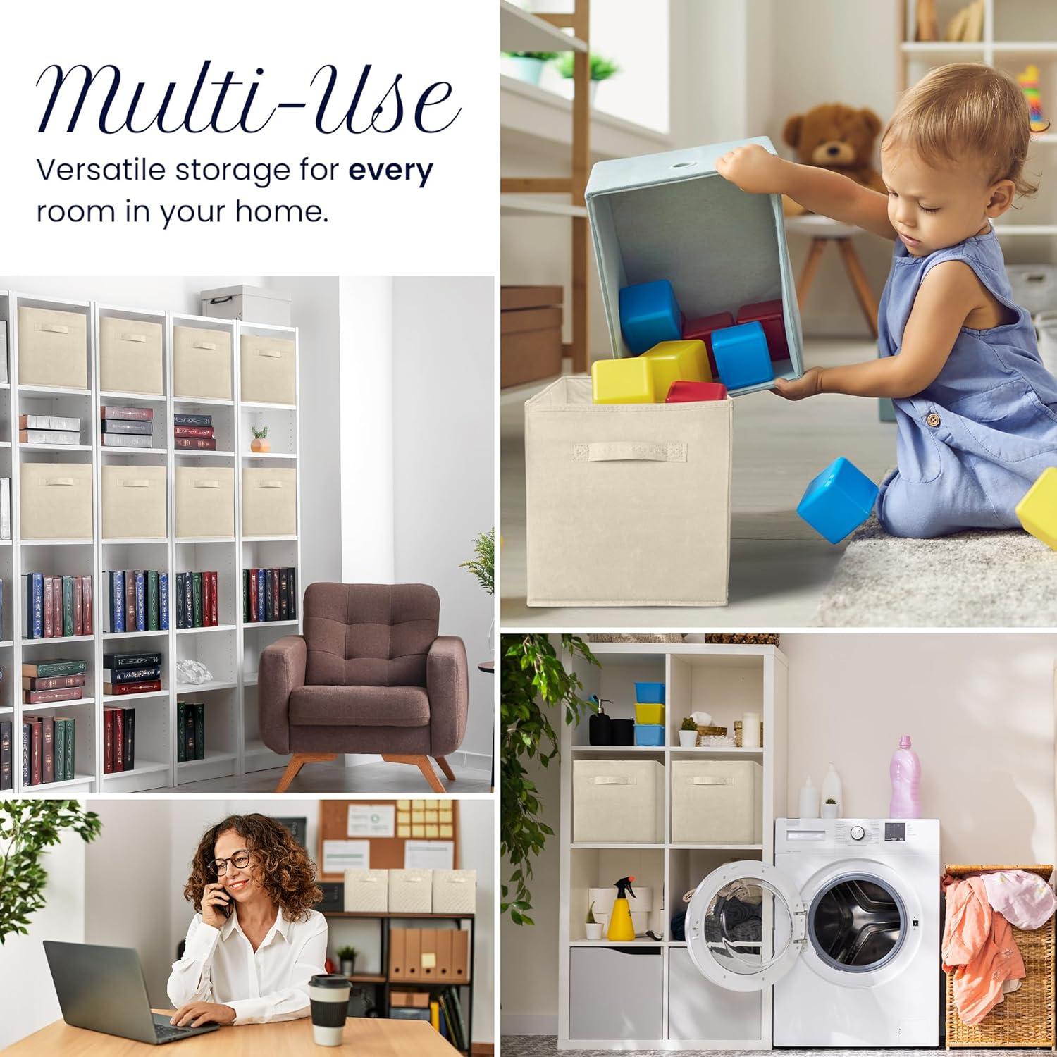 image:imageReli 11 Inch Cube Storage Bins 8 Pack Cube Organizer Bins 11x11 Fabric Storage Boxes Collapsible Foldable Fabric Cubby Box Square Kids Room Organization Beige