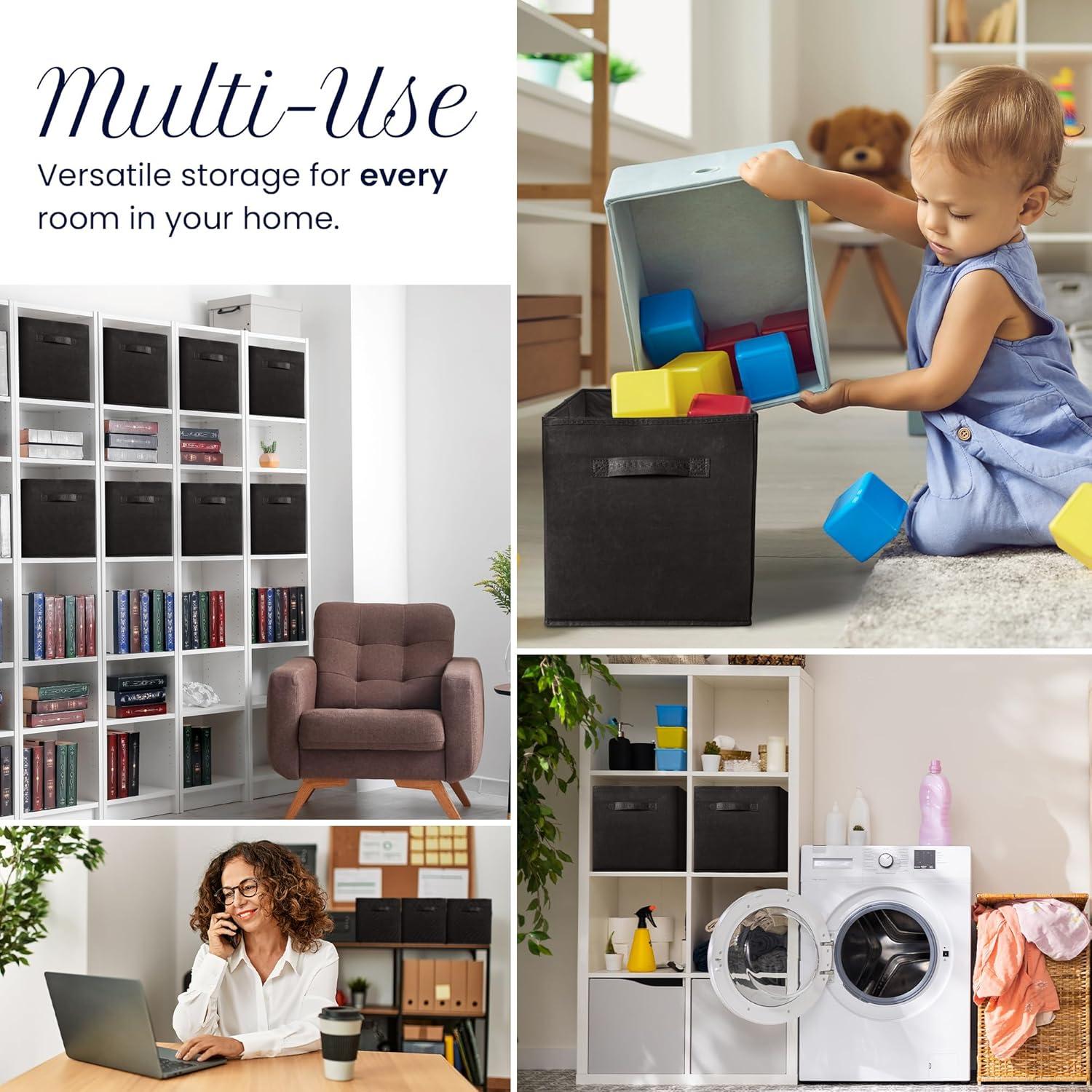 image:imageReli 11 Inch Cube Storage Bins 8 Pack Cube Organizer Bins 11x11 Fabric Storage Boxes Collapsible Foldable Fabric Cubby Box Square Kids Room Organization Black