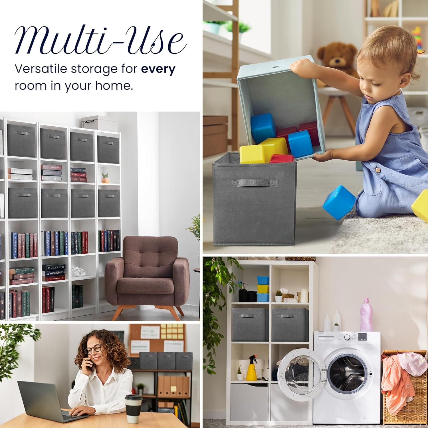 image:imageReli 13x13x13 Storage Cube Bins 8 Pack Large Cube Organizer Bins 13x13 Fabric Storage Boxes Fits Kallax Collapsible Foldable Fabric Cubby Box Square Kids Room Organization Dark Gray