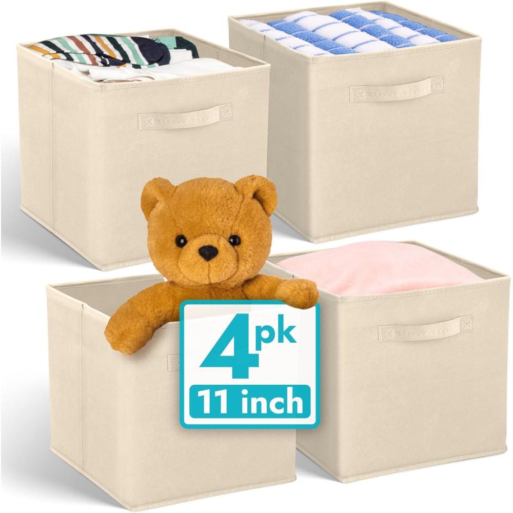 image:imageReli 11 Inch Cube Storage Bins 4 Pack Cube Organizer Bins 11x11 Fabric Storage Boxes Collapsible Foldable Fabric Cubby Box Square Kids Room Organization Beige
