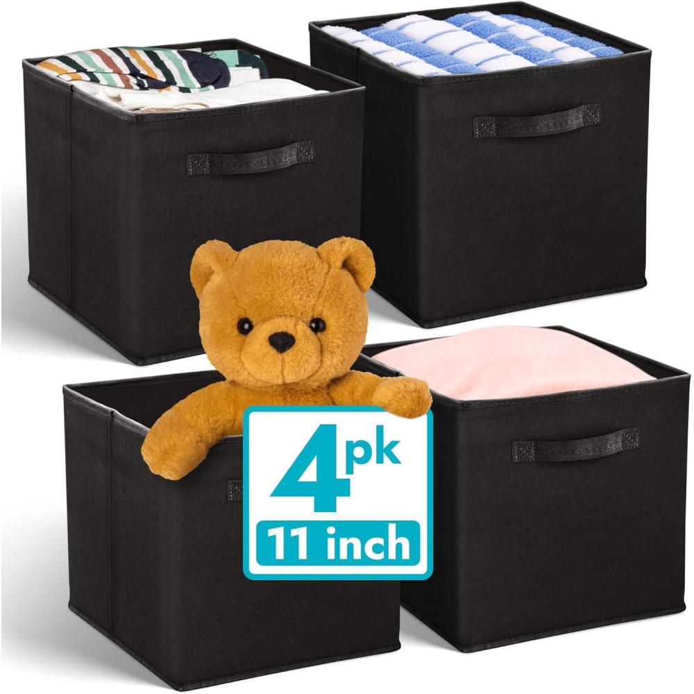 image:imageReli 11 Inch Cube Storage Bins 4 Pack Cube Organizer Bins 11x11 Fabric Storage Boxes Collapsible Foldable Fabric Cubby Box Square Kids Room Organization Black