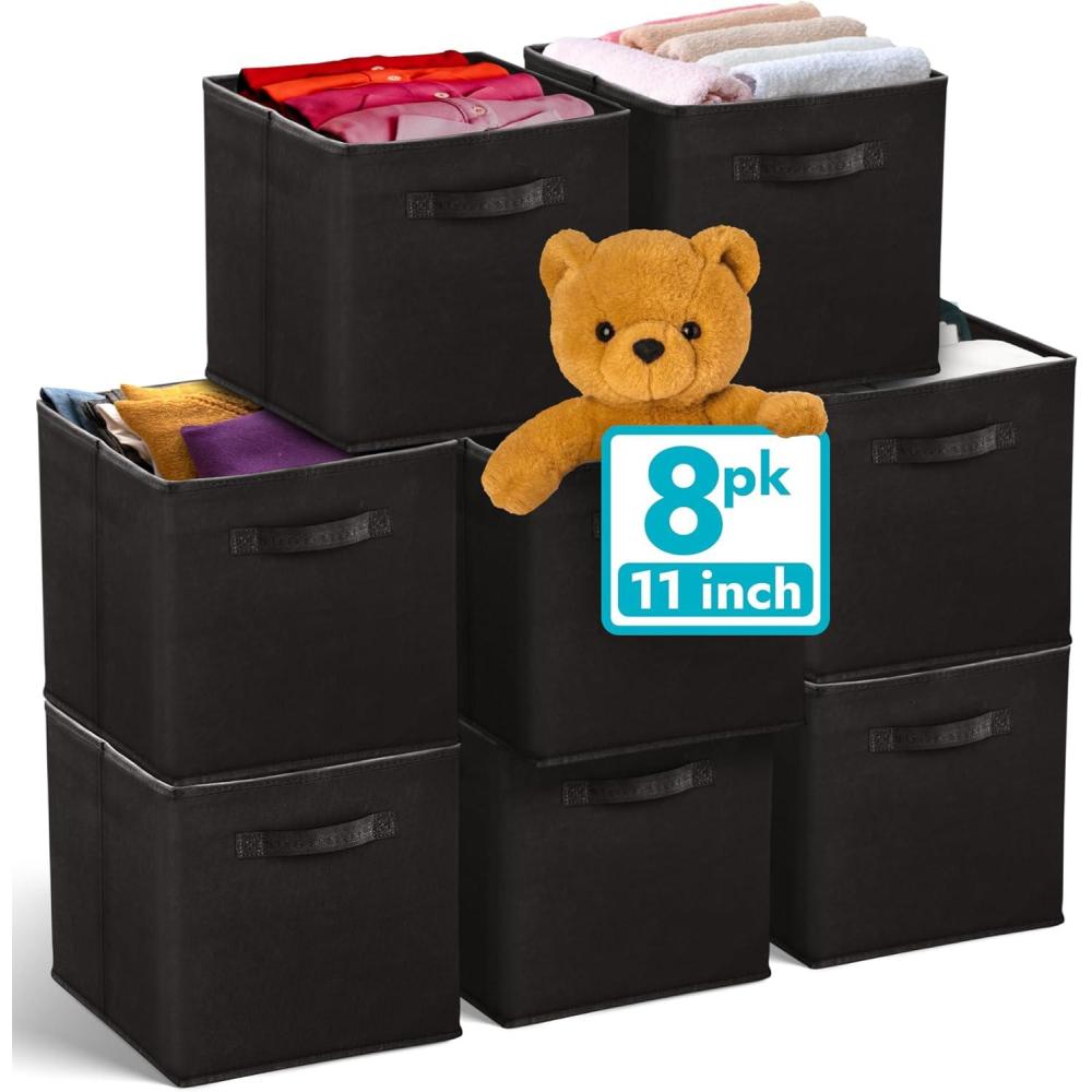 image:imageReli 11 Inch Cube Storage Bins 8 Pack Cube Organizer Bins 11x11 Fabric Storage Boxes Collapsible Foldable Fabric Cubby Box Square Kids Room Organization Black