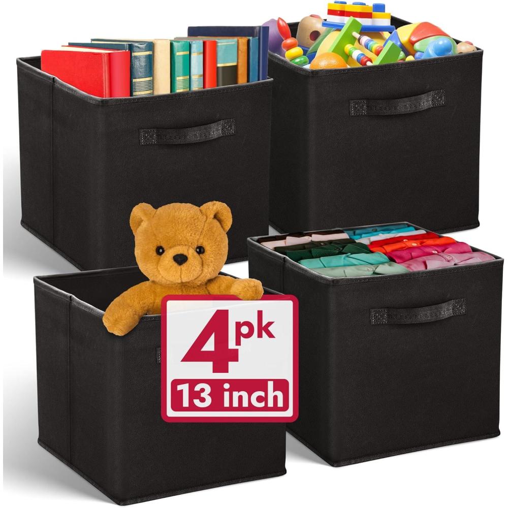 image:imageReli 13x13x13 Storage Cube Bins 4 Pack Large Cube Organizer Bins 13x13 Fabric Storage Boxes Fits Kallax Collapsible Foldable Fabric Cubby Box Square Kids Room Organization Black