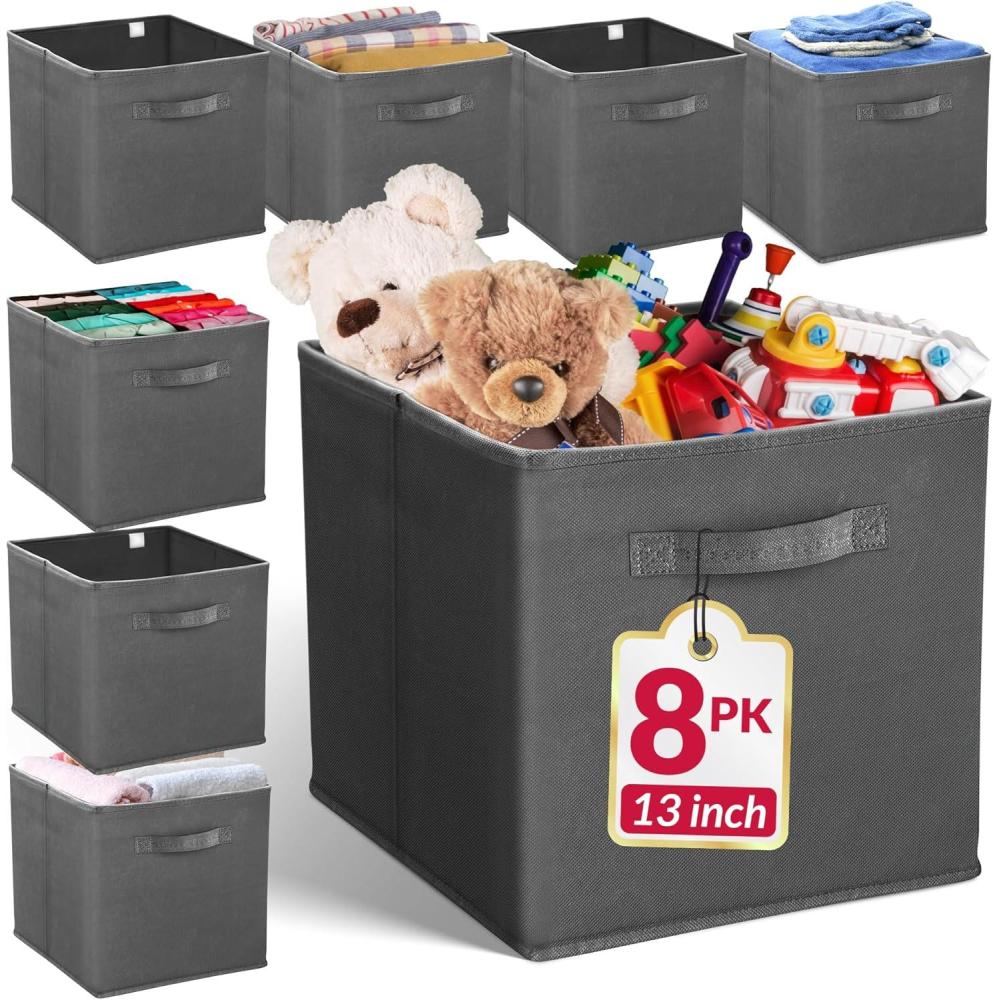 image:imageReli 13x13x13 Storage Cube Bins 8 Pack Large Cube Organizer Bins 13x13 Fabric Storage Boxes Fits Kallax Collapsible Foldable Fabric Cubby Box Square Kids Room Organization Dark Gray