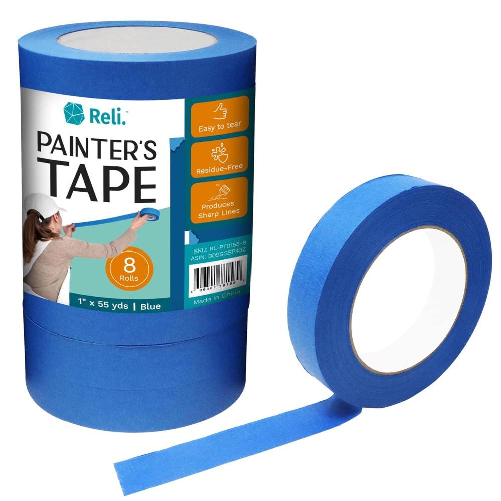 image:imageReli Painters Tape Blue  8 Rolls Bulk  1 x 55 Yards Per Roll 440 Yards Total  Blue TapePainters Tape 1 Inch Wide  PaintingMasking for Walls Glass Wood Trim MultiSurface