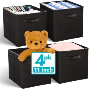 Reli. 11 Inch Cube Storage Bins (4 Pack) | Cube Organizer Bins | 11×11 Fabric Storage Boxes | Collapsible, Foldable Fabric Cubby Box (Square) | Kids Room Organization (Black)