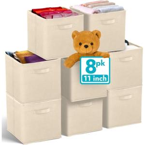 Reli. 11 Inch Cube Storage Bins (8 Pack) | Cube Organizer Bins | 11×11 Fabric Storage Boxes | Collapsible, Foldable Fabric Cubby Box (Square) | Kids Room Organization (Beige)