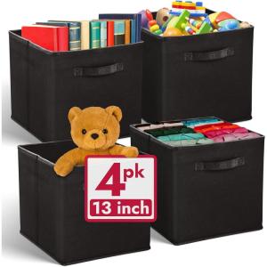 Reli. 13x13x13 Storage Cube Bins (4 Pack) | Large Cube Organizer Bins | 13×13 Fabric Storage Boxes | Fits Kallax | Collapsible, Foldable Fabric Cubby Box (Square) | Kids Room Organization (Black)