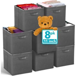 Reli. Storage Cubes 11 inch (8 Pack) Foldable Cube Organizer Bins | 11×11 Fabric Storage Boxes | Square Collapsible Organization for Kids Room, Office, Closet, Shelf (Dark Gray)