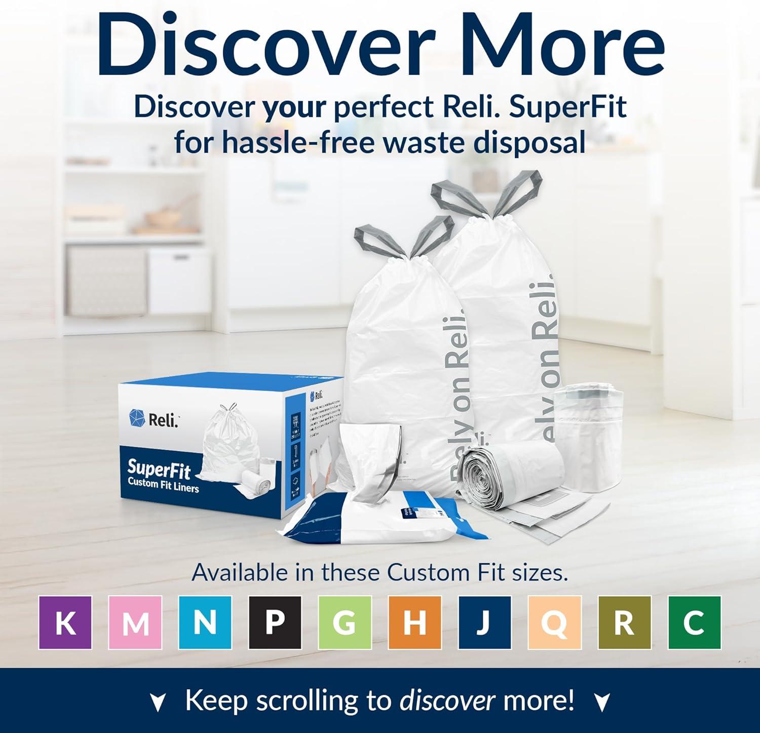 image:imageReli SuperFit Code K 225 Count Compatible with Simplehuman Code K Custom Fit Liners Drawstring Trash Bags 3545 Liter 912 Gallon White Roll Pack