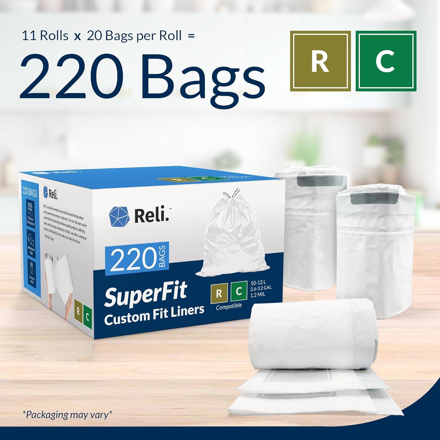 image:imageReli SuperFit Code RC 220 Count Compatible with Simplehuman Code RC Custom Fit Liners Drawstring Trash Bags 1012 Liter 2632 Gallon White Roll Pack