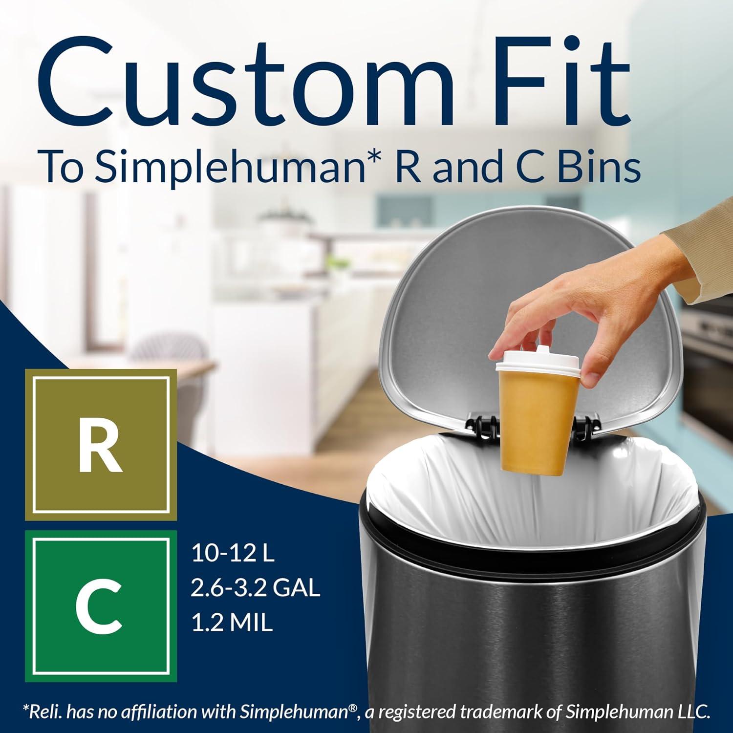 image:imageReli SuperFit Code RC 220 Count Compatible with Simplehuman Code RC Custom Fit Liners Drawstring Trash Bags 1012 Liter 2632 Gallon White Roll Pack