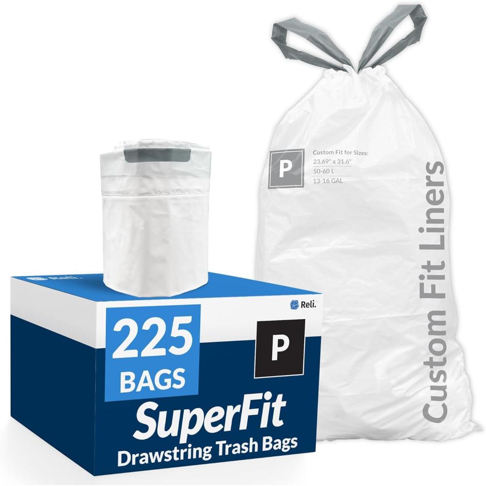 image:imageReli SuperFit Code P 225 Count  Compatible with Simplehuman Code P  Custom Fit Liners  Drawstring Trash Bags  5060 Liter  1316 Gallon  White  Roll Pack