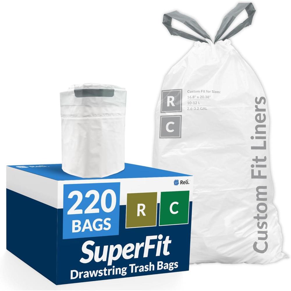 image:imageReli SuperFit Code RC 220 Count  Compatible with Simplehuman Code RC  Custom Fit Liners  Drawstring Trash Bags  1012 Liter  2632 Gallon  White  Roll Pack