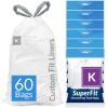 Reli. SuperFit Code K (60 Count) | Compatible with Simplehuman Code K | Dispenser Pack Custom Fit Liners | Drawstring Trash Bags | 35-45 Liter / 9-12 Gallon | White