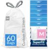 Reli. SuperFit Code M (60 Count) | Compatible with Simplehuman Code M | Dispenser Pack Custom Fit Liners | Drawstring Trash Bags | 45 Liter / 11.9 Gallon | White