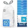 Reli. SuperFit Code N (60 Count) | Compatible with Simplehuman Code N | Dispenser Pack Custom Fit Liners | Drawstring Trash Bags | 45-50 Liter / 11.9-13.2 Gallon | White