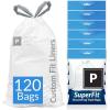 Reli. SuperFit Code P (120 Count) | Compatible with Simplehuman Code P | Dispenser Pack Custom Fit Liners | Drawstring Trash Bags | 50-60 Liter / 13-16 Gallon | White