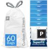 Reli. SuperFit Code P (60 Count) | Compatible with Simplehuman Code P | Dispenser Pack Custom Fit Liners | Drawstring Trash Bags | 50-60 Liter / 13-16 Gallon | White