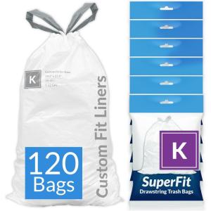 Reli. SuperFit Code K (120 Count) | Compatible with Simplehuman Code K | Dispenser Pack Custom Fit Liners | Drawstring Trash Bags | 35-45 Liter / 9-12 Gallon | White