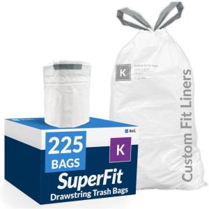 Reli. SuperFit Code K (225 Count) | Compatible with Simplehuman Code K | Custom Fit Liners | Drawstring Trash Bags | 35-45 Liter / 9-12 Gallon | White | Roll Pack
