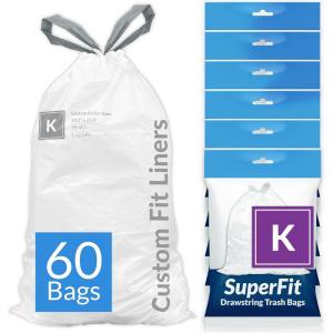 Reli. SuperFit Code K (60 Count) | Compatible with Simplehuman Code K | Dispenser Pack Custom Fit Liners | Drawstring Trash Bags | 35-45 Liter / 9-12 Gallon | White