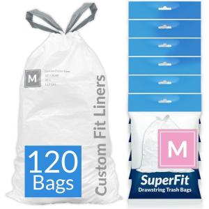 Reli. SuperFit Code M (120 Count) | Compatible with Simplehuman Code M | Dispenser Pack Custom Fit Liners | Drawstring Trash Bags | 45 Liter / 11.9 Gallon | White