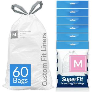 Reli. SuperFit Code M (60 Count) | Compatible with Simplehuman Code M | Dispenser Pack Custom Fit Liners | Drawstring Trash Bags | 45 Liter / 11.9 Gallon | White