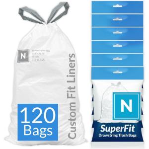 Reli. SuperFit Code N (120 Count) | Compatible with Simplehuman Code N | Dispenser Pack Custom Fit Liners | Drawstring Trash Bags | 45-50 Liter / 11.9-13.2 Gallon | White
