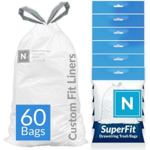 Reli. SuperFit Code N (60 Count) | Compatible with Simplehuman Code N | Dispenser Pack Custom Fit Liners | Drawstring Trash Bags | 45-50 Liter / 11.9-13.2 Gallon | White