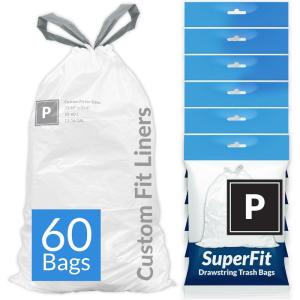 Reli. SuperFit Code P (60 Count) | Compatible with Simplehuman Code P | Dispenser Pack Custom Fit Liners | Drawstring Trash Bags | 50-60 Liter / 13-16 Gallon | White