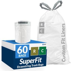 Reli. SuperFit Code R/C (60 Count) | Compatible with Simplehuman Code R/C | Custom Fit Liners | Drawstring Trash Bags | 10-12 Liter / 2.6-3.2 Gallon | White | Roll Pack