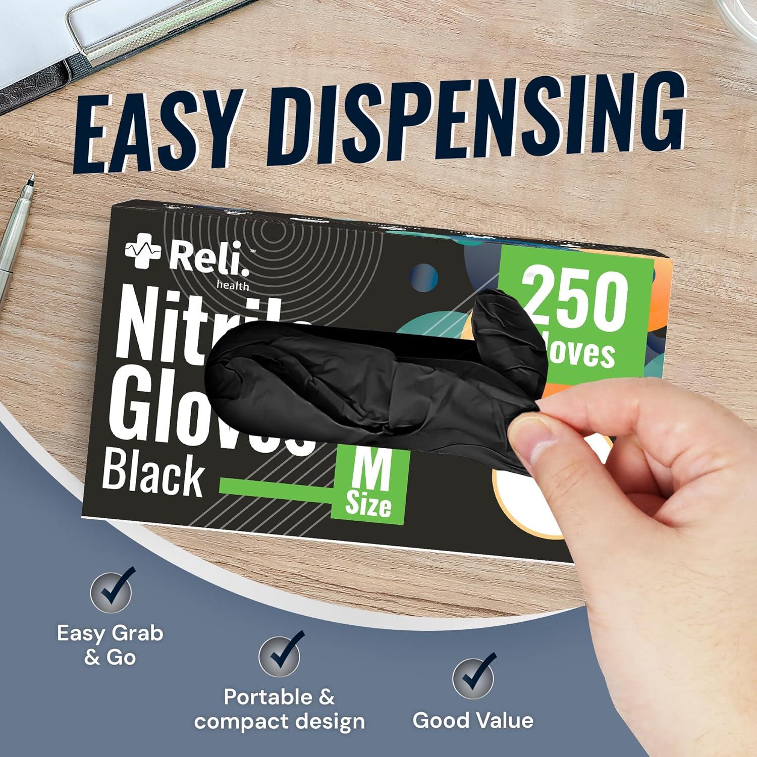 image:imageReli Black Nitrile Gloves Medium 250 Pack Disposable Gloves 35 Mil Powder Free Latex Free SingleUse Premium Nitrile Material for Automotive Work Cleaning Cooking Food Safe Material