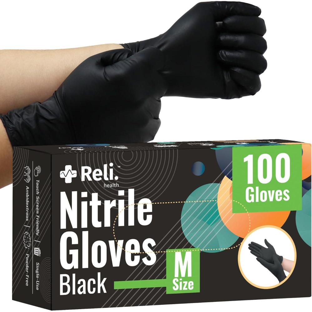 image:imageReli Black Nitrile Gloves Medium  100 Pack Disposable Gloves 35 Mil  Powder Free Latex Free  SingleUse  Premium Nitrile Material for Automotive Work Cleaning Cooking  Food Safe Material