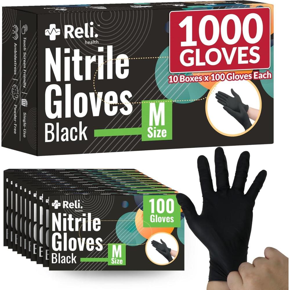 image:imageReli Black Nitrile Gloves Medium  1000 Pack Disposable Gloves 35 Mil  Powder Free Latex Free  SingleUse  Premium Nitrile Material for Automotive Work Cleaning Cooking  Food Safe Material
