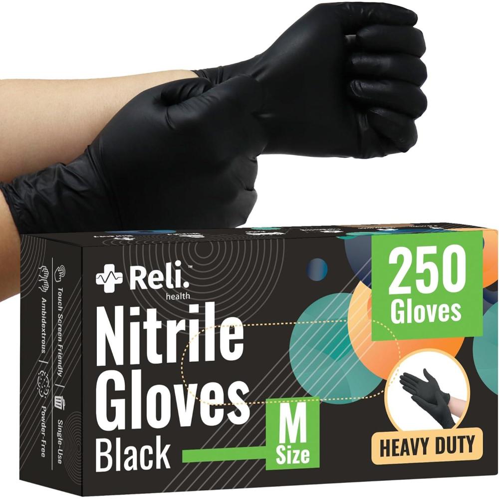image:imageReli Black Nitrile Gloves Medium  250 Pack Heavy Duty Disposable Gloves 5 mil  Powder Free Latex Free  SingleUse  Premium Nitrile Material for Automotive Cleaning Cooking  Food Safe