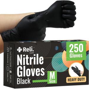 Reli. Black Nitrile Gloves, Medium | 250 Pack Heavy Duty Disposable Gloves (5 mil) | Powder Free, Latex Free | Single-Use | Premium Nitrile Material for Automotive, Cleaning, Cooking | Food Safe