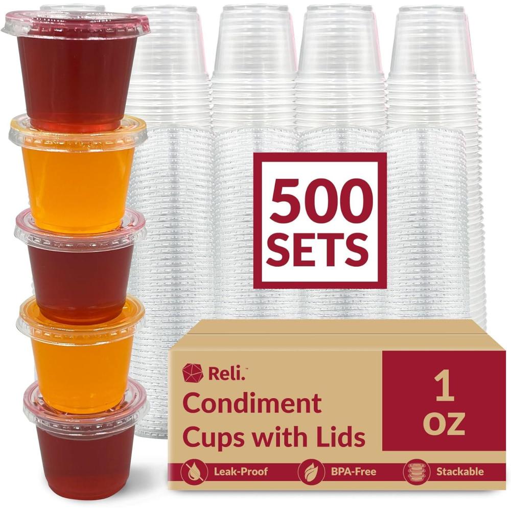 image:imageReli 1 oz Small Containers with Lids 500 Sets Jello Shot Cups with Lids Clear Plastic Condiment Containers Portion Cups Sauce Souffle Stackable Bulk