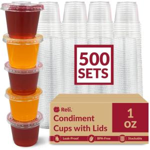 Reli. 1 oz Small Containers with Lids (500 Sets) | Jello Shot Cups with Lids | Clear Plastic Condiment Containers | Portion Cups, Sauce, Souffle | Stackable | Bulk