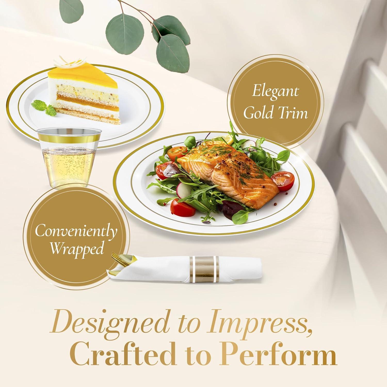 image:imageReli Plastic Plates for Party 210 Pieces White wGold Rim Plates and Napkins Party Supplies Disposable Dinnerware Set for 30 Guests Dinner amp Dessert Pack PreRolled Gold Cutlery Set Cups