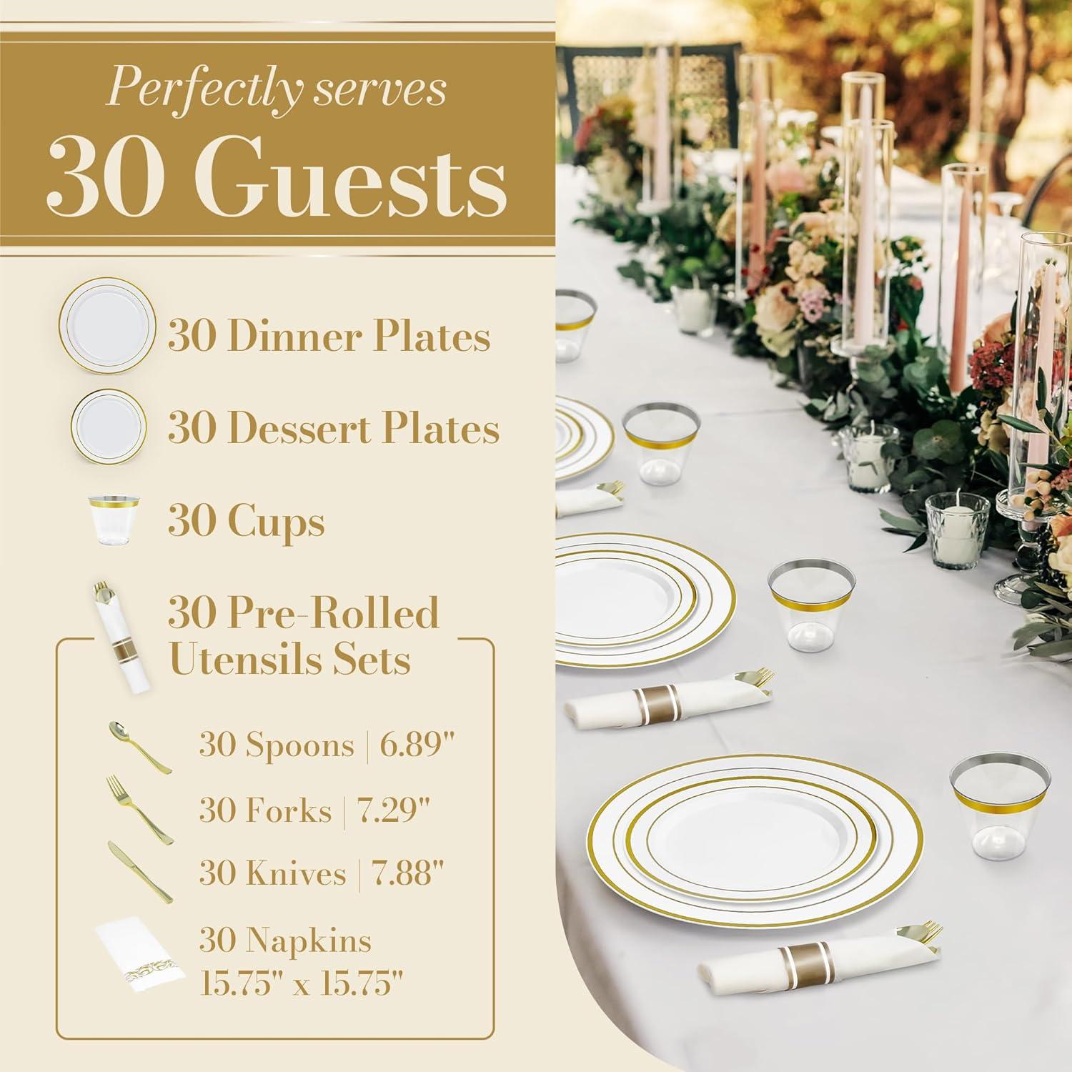 image:imageReli Plastic Plates for Party 210 Pieces White wGold Rim Plates and Napkins Party Supplies Disposable Dinnerware Set for 30 Guests Dinner amp Dessert Pack PreRolled Gold Cutlery Set Cups