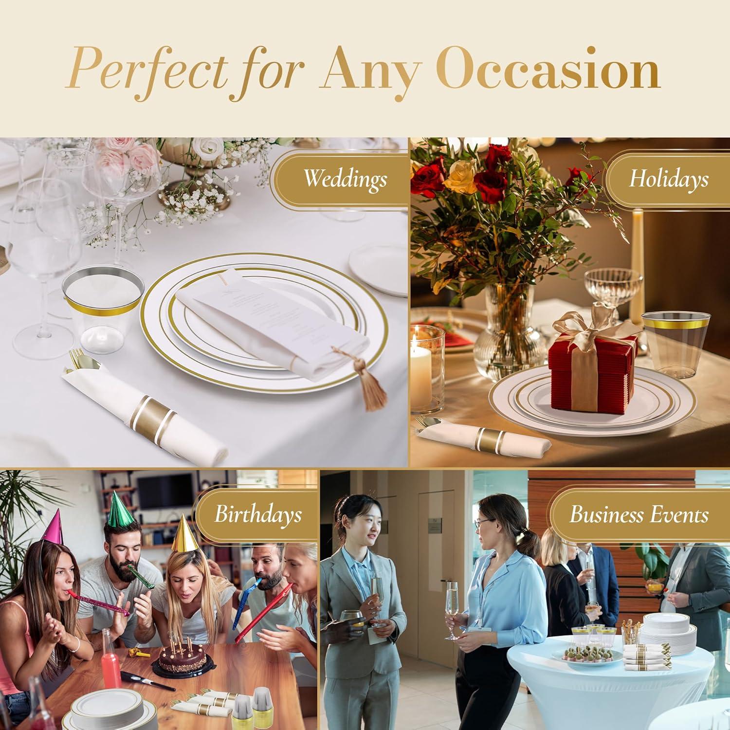 image:imageReli Plastic Plates for Party 210 Pieces White wGold Rim Plates and Napkins Party Supplies Disposable Dinnerware Set for 30 Guests Dinner amp Dessert Pack PreRolled Gold Cutlery Set Cups