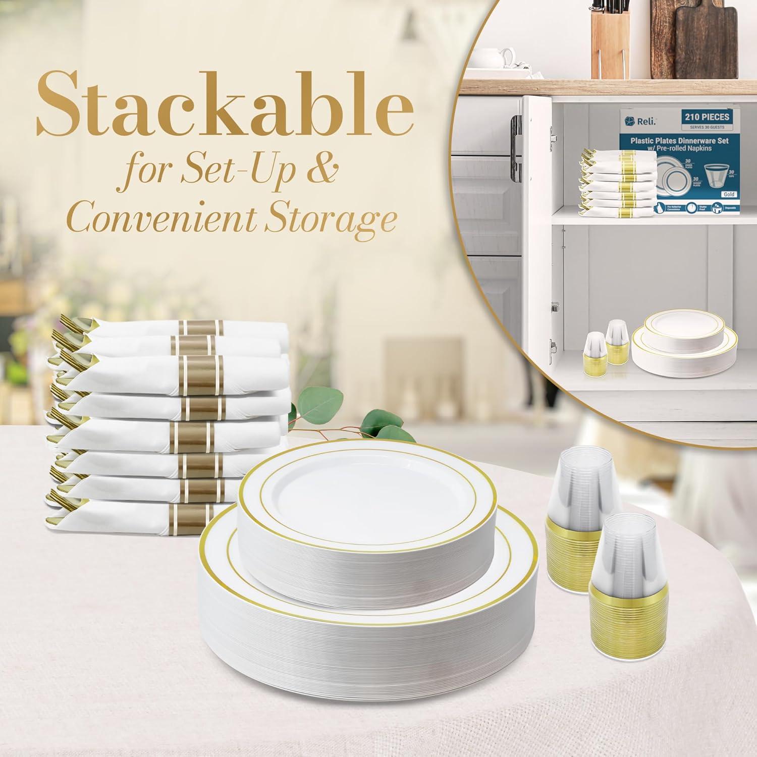 image:imageReli Plastic Plates for Party 210 Pieces White wGold Rim Plates and Napkins Party Supplies Disposable Dinnerware Set for 30 Guests Dinner amp Dessert Pack PreRolled Gold Cutlery Set Cups