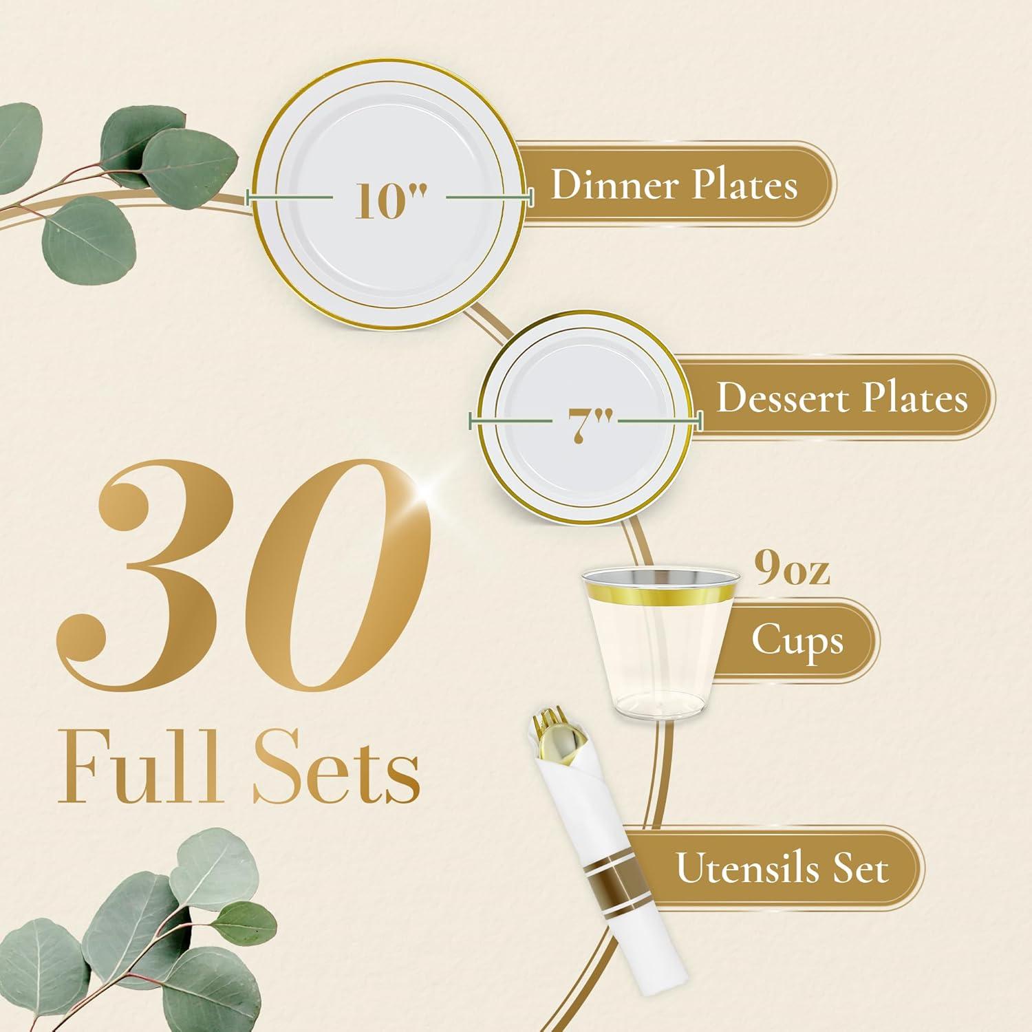 image:imageReli Plastic Plates for Party 210 Pieces White wGold Rim Plates and Napkins Party Supplies Disposable Dinnerware Set for 30 Guests Dinner amp Dessert Pack PreRolled Gold Cutlery Set Cups